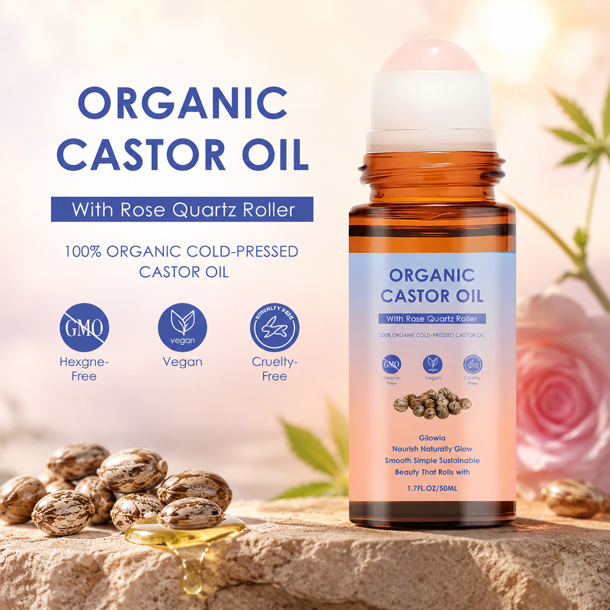 Castor Oil Cold Press - Organiczny olejek rycynowy z różowym kwarcem